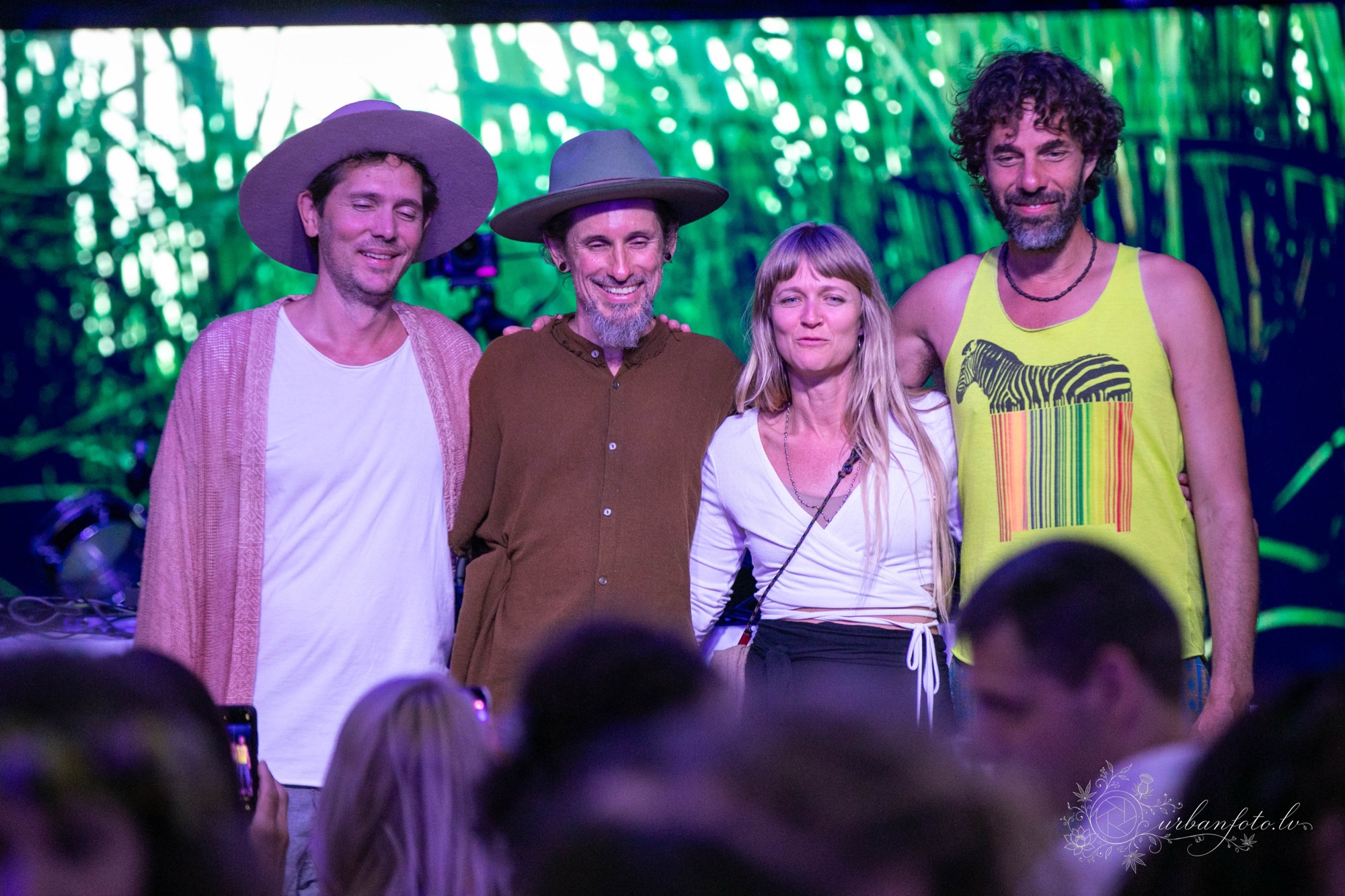 Mose, Murray Kyle, Sarasvati Dasi and Pascal de Lacaze together after their ecstatic dance set at BŪTĪBA Festival 2026.