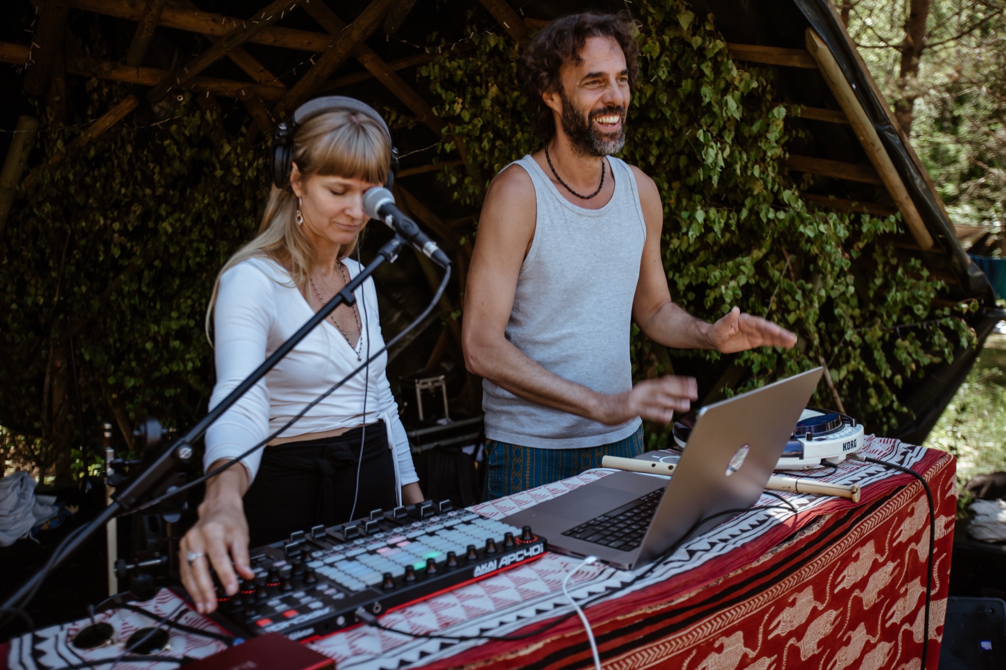 Sarasvati Dasi and Pascal de Lacaze creating a vibrant live music journey during the Ecstatic Dance experience at BŪTĪBA Festival 2026.